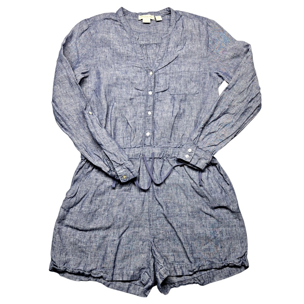Cynthia Rowley Romper Womens Medium Blue 100% Linen Long‎ Sleeve Button Front
